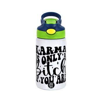 Karma is Only A Bitch if You Are, Children's hot water bottle, stainless steel, with safety straw, green, blue (350ml)