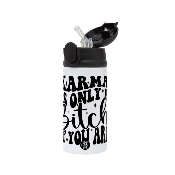 Karma is Only A Bitch if You Are, Children's hot water bottle, stainless steel, with safety straw, Black (360ml) BPA-FREE