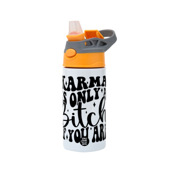 Karma is Only A Bitch if You Are, Children's hot water bottle, stainless steel, with safety straw, Orange/Grey (360ml) BPA-FREE