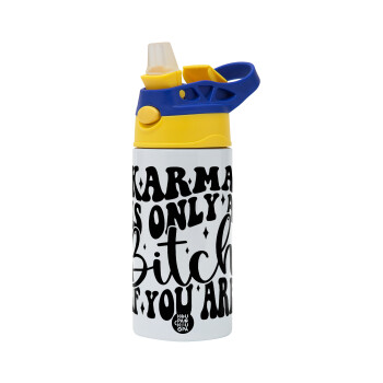 Karma is Only A Bitch if You Are, Children's hot water bottle, stainless steel, with safety straw, green, blue (360ml) BPA FREE