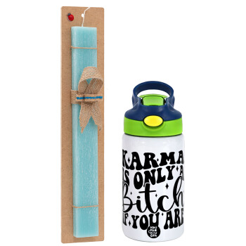 Karma is Only A Bitch if You Are, Easter Set, Children's thermal stainless steel bottle with safety straw, green/blue (350ml) & aromatic flat Easter candle (30cm) (TURQUOISE)