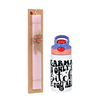 Karma is Only A Bitch if You Are, Easter Set, Children's thermal stainless steel water bottle with safety straw, pink/purple (350ml) & Easter scented flat candle (30cm) (PINK)