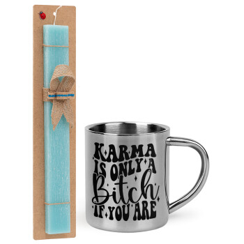 Karma is Only A Bitch if You Are, Easter Set, metallic thermal cup (300ml) & aromatic flat Easter candle (30cm) (TURQUOISE)