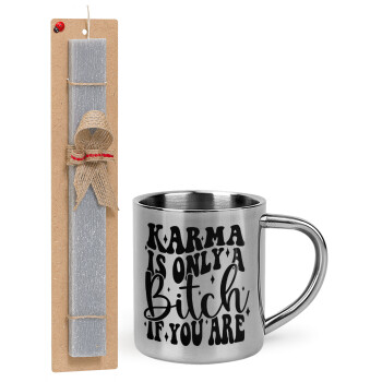 Karma is Only A Bitch if You Are, Easter Set, metallic thermal cup (300ml) & Easter aromatic flat candle (30cm) (GRAY)