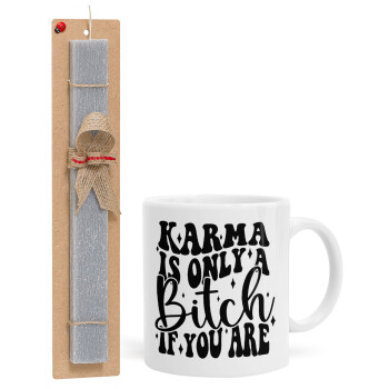 Karma is Only A Bitch if You Are, Easter Set, Ceramic Cup (330ml) & Easter aromatic flat candle (30cm) (GRAY)