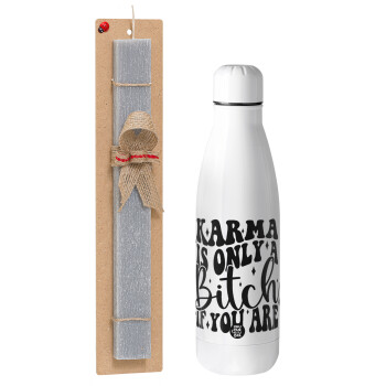 Karma is Only A Bitch if You Are, Easter Set, metallic stainless thermos bottle (500ml) & scented flat Easter candle (30cm) (GRAY)