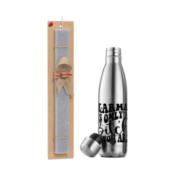 Karma is Only A Bitch if You Are, Easter Set, metallic stainless thermos flask (500ml) & scented flat Easter candle (30cm) (GRAY)