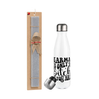 Karma is Only A Bitch if You Are, Easter candle, metallic white thermos bottle (500ml) & aromatic flat candle (30cm) (GRAY)