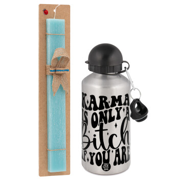 Karma is Only A Bitch if You Are, Easter Set, metallic silver aluminum water bottle (500ml) & scented flat Easter candle (30cm) (TURQUOISE)