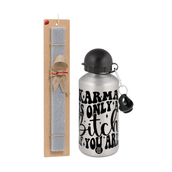 Karma is Only A Bitch if You Are, Easter Set, metallic silver aluminum water bottle (500ml) & aromatic flat Easter candle (30cm) (GRAY)