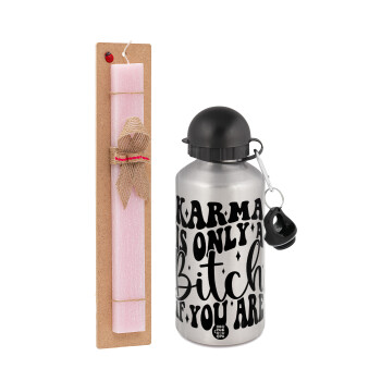 Karma is Only A Bitch if You Are, Easter Set, metallic Silver aluminum water bottle (500ml) & scented flat Easter candle (30cm) (PINK)