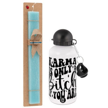 Karma is Only A Bitch if You Are, Easter Set, metallic aluminum water bottle (500ml) & scented flat candle (30cm) (TURQUOISE)