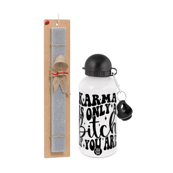 Karma is Only A Bitch if You Are, Easter Set, metallic aluminum water bottle (500ml) & aromatic flat Easter candle (30cm) (GRAY)