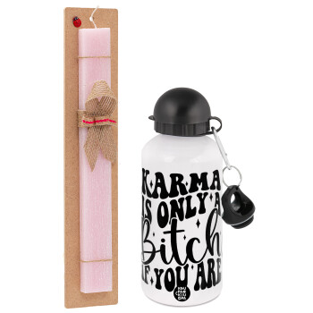 Karma is Only A Bitch if You Are, Easter Set, metallic aluminum bottle (500ml) & aromatic flat Easter candle (30cm) (PINK)