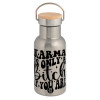 Stainless steel metallic thermos flask, silver with a bamboo lid, double-walled, 350ml.