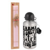 Easter Set, metallic Silver aluminum water bottle (500ml) & scented flat Easter candle (30cm) (PINK)