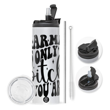 Karma is Only A Bitch if You Are, Travel Tumbler 2 Lids, with metal straw & cleaning brush (Stainless steel 304 Food grade, BPA free, 600ml)