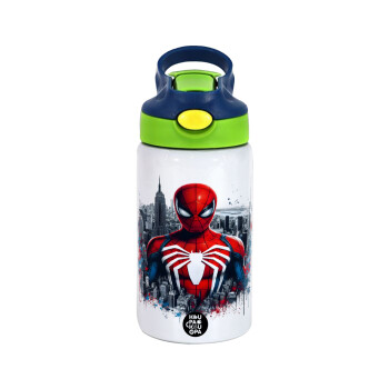 Spiderman City, Children's hot water bottle, stainless steel, with safety straw, green, blue (350ml)