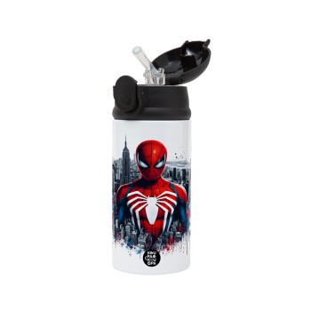 Spiderman City, Children's hot water bottle, stainless steel, with safety straw, Black (360ml) BPA-FREE