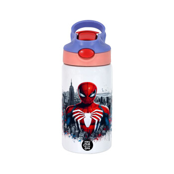 Spiderman City, Children's hot water bottle, stainless steel, with safety straw, pink/purple (350ml)