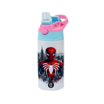 Spiderman City, Children's hot water bottle, stainless steel, with safety straw, Pink/BlueCiel (360ml) BPA FREE