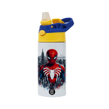 Spiderman City, Children's hot water bottle, stainless steel, with safety straw, green, blue (360ml) BPA FREE