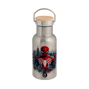 Spiderman City, Stainless steel metallic thermos flask, silver with a bamboo lid, double-walled, 350ml.