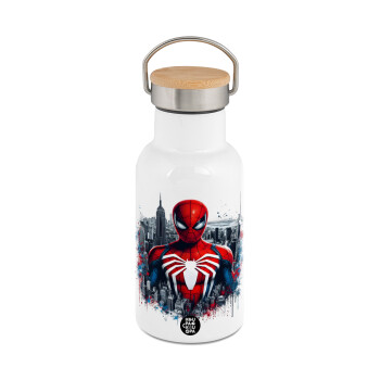 Spiderman City, Metallic thermos (Stainless steel) White with wooden lid (bamboo), double-walled, 350ml