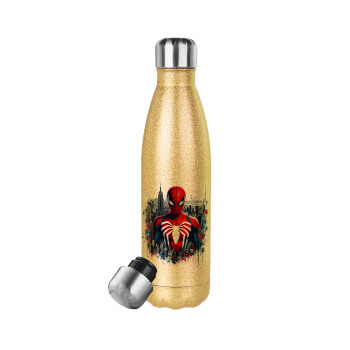 Spiderman City, Glitter gold stainless steel thermos bottle, double-walled, 500ml