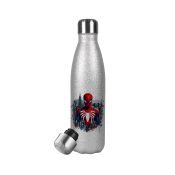 Spiderman City, Μεταλλικό παγούρι θερμός Glitter Aσημένιο (Stainless steel), διπλού τοιχώματος, 500ml