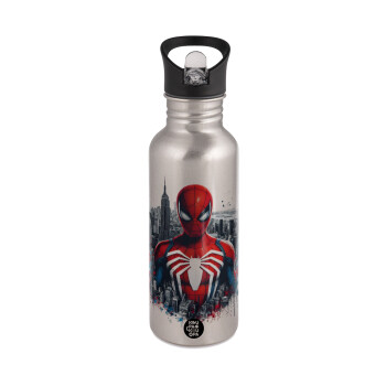 Spiderman City, Water bottle Silver with straw, stainless steel 600ml