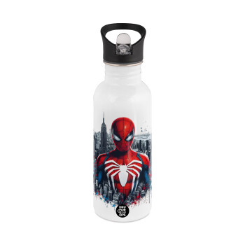 Spiderman City, White water bottle with straw, stainless steel 600ml