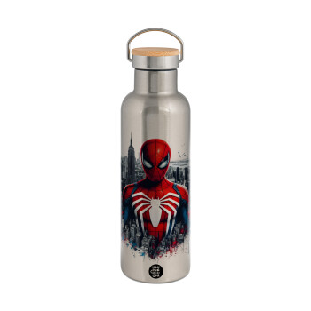 Spiderman City, Stainless steel Silver with wooden lid (bamboo), double wall, 750ml