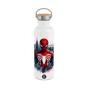 Spiderman City, Stainless steel White with wooden lid (bamboo), double wall, 750ml