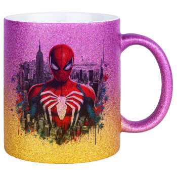 Spiderman City, Κούπα Χρυσή/Ροζ Glitter, κεραμική, 330ml