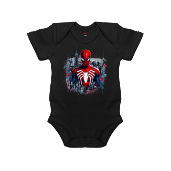 Spiderman City, Βρεφικό φορμάκι μωρού, 0-18 μηνών, ΜΑΥΡΟ, 100% Organic Cotton, κοντομάνικο