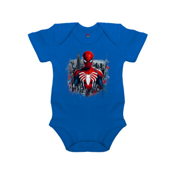 Spiderman City, Βρεφικό φορμάκι μωρού, Μπλε Κοβαλτίου, 100% Organic Cotton, κοντομάνικο