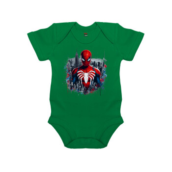 Spiderman City, Βρεφικό φορμάκι μωρού, ΠΡΑΣΙΝΟ, 100% Organic Cotton, κοντομάνικο