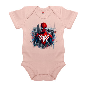 Spiderman City, Βρεφικό φορμάκι μωρού, 0-18 μηνών, ΡΟΖ POWDER, 100% Organic Cotton, κοντομάνικο