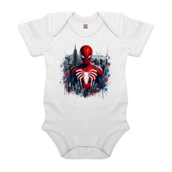 Spiderman City, Βρεφικό φορμάκι μωρού, 0-24 μηνών, ΛΕΥΚΟ, 100% Organic Cotton, κοντομάνικο