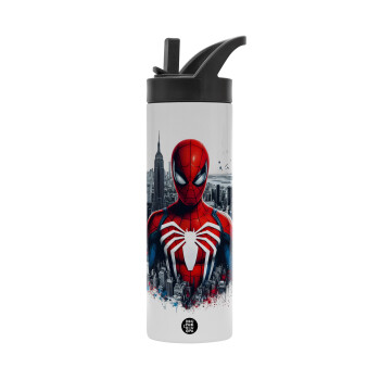 Spiderman City, Metallic thermos bottle with straw & handle, stainless steel (Stainless steel 304), double-walled, 600ml.