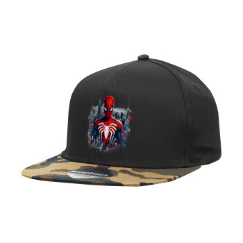 Spiderman City, Adult Flat Snapback Hat Black/Camouflage, (100% COTTON TWILL, ADULT, UNISEX, ONE SIZE)