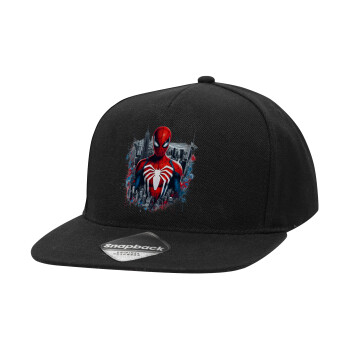 Spiderman City, Adult Flat Snapback Hat Black, (100% COTTON TWILL, ADULT, UNISEX, ONE SIZE)