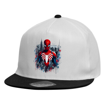 Spiderman City, Child's Flat Snapback Hat, White (100% COTTON, CHILDREN'S, UNISEX, ONE SIZE)