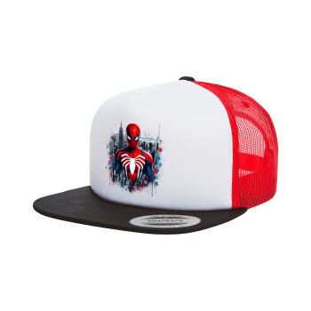 Spiderman City, Adult Foam Flat Snapback with Mesh Black-White-Red (POLYESTER, ADULT, UNISEX, ONE SIZE)