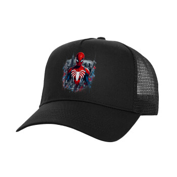 Spiderman City, Structured Trucker Adult Hat, with Mesh, Black (100% COTTON, ADULT, UNISEX, ONE SIZE)