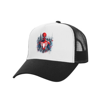 Spiderman City, Adult Structured Trucker Hat, with Mesh, WHITE/BLACK (100% COTTON, ADULT, UNISEX, ONE SIZE)