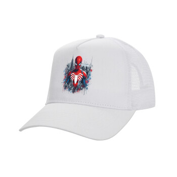 Spiderman City, Structured Trucker Adult Hat, with Mesh, WHITE (100% COTTON, ADULT, UNISEX, ONE SIZE)