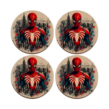 Spiderman City, ΣΕΤ x4 Σουβέρ ξύλινα στρογγυλά plywood (9cm)