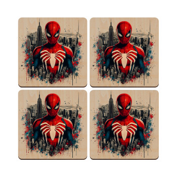 Spiderman City, ΣΕΤ x4 Σουβέρ ξύλινα τετράγωνα plywood (9cm)